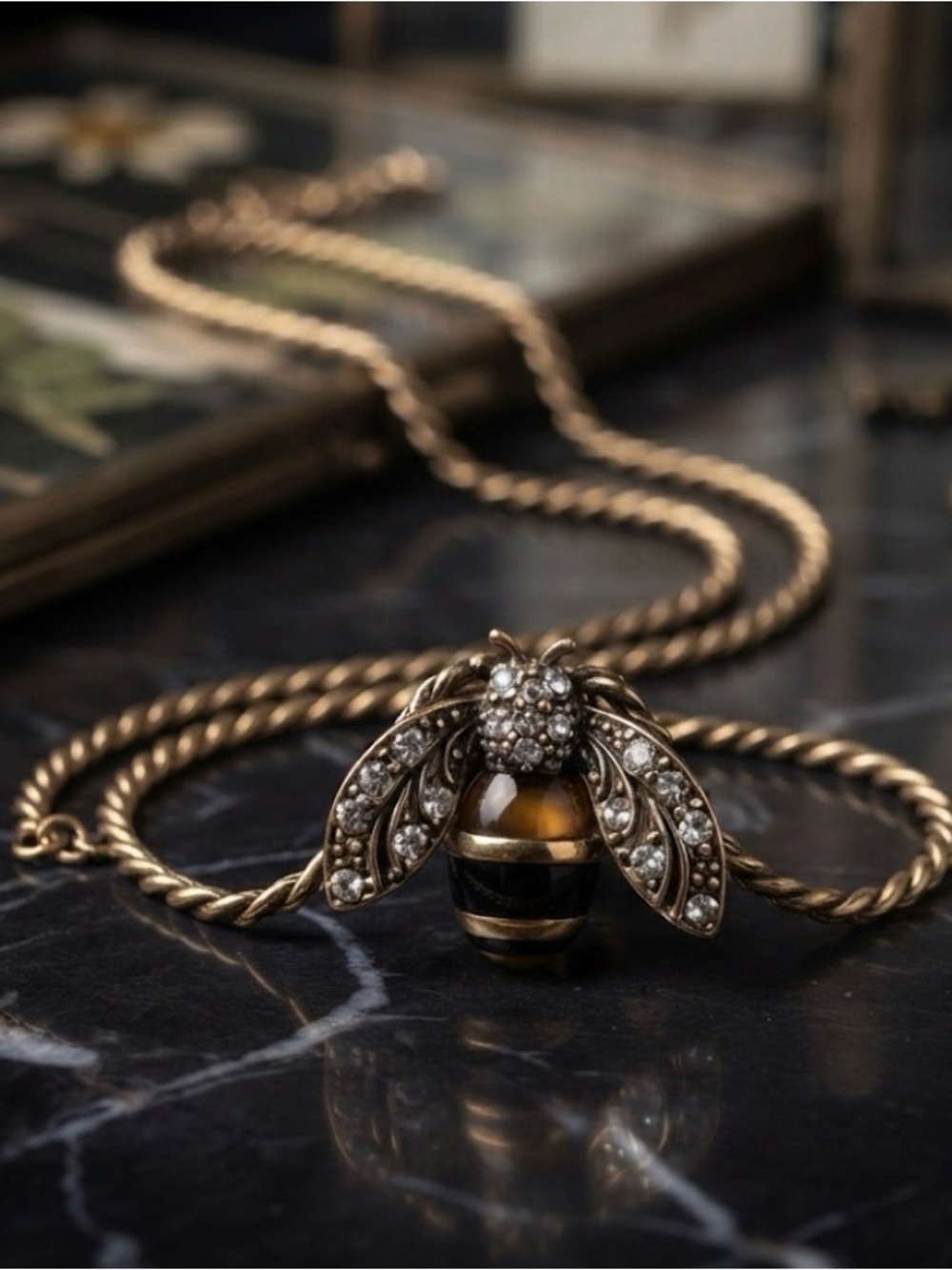 Gold Bee Pendant Necklace 16”